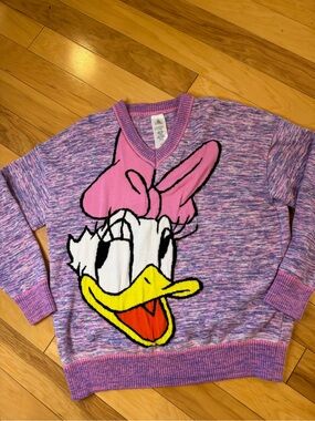 Disney Parks Daisy Duck Space Dye Sweater S Marled Purple Pink Knit V-Neck
